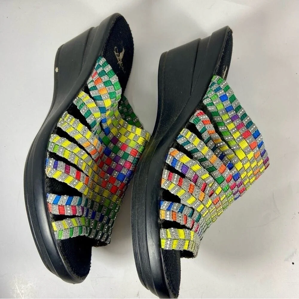 Corkys Rainbow Woven Wedge Sandals Silver Sparkle Slides Size 9